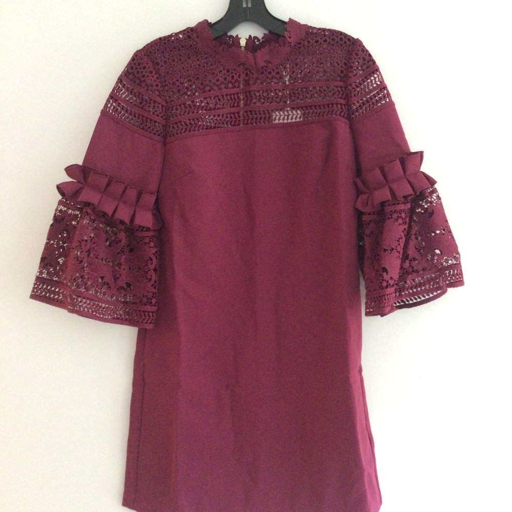 NWT Ted Baker Maroon Lucila Lace Panel Bell Sleeve Dress Size 2(US 6)